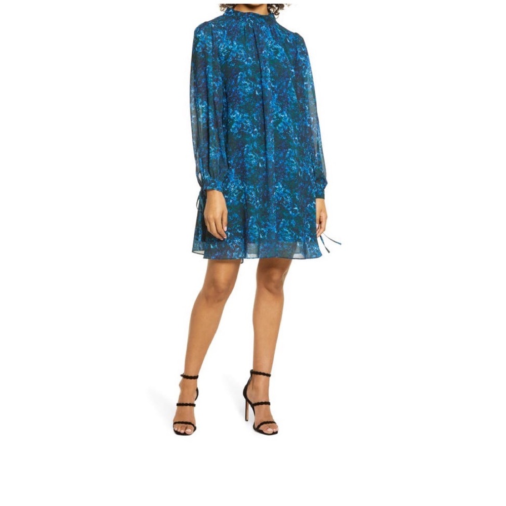 Mark + James Badgley Mischka Long Sleeve Trapeze Dress In Blue Multi